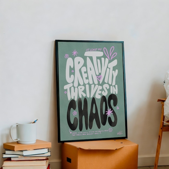 creativity thrives in chaos green print