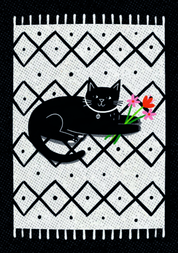 Cute Black Cat on Rustic Rug Greeting Card